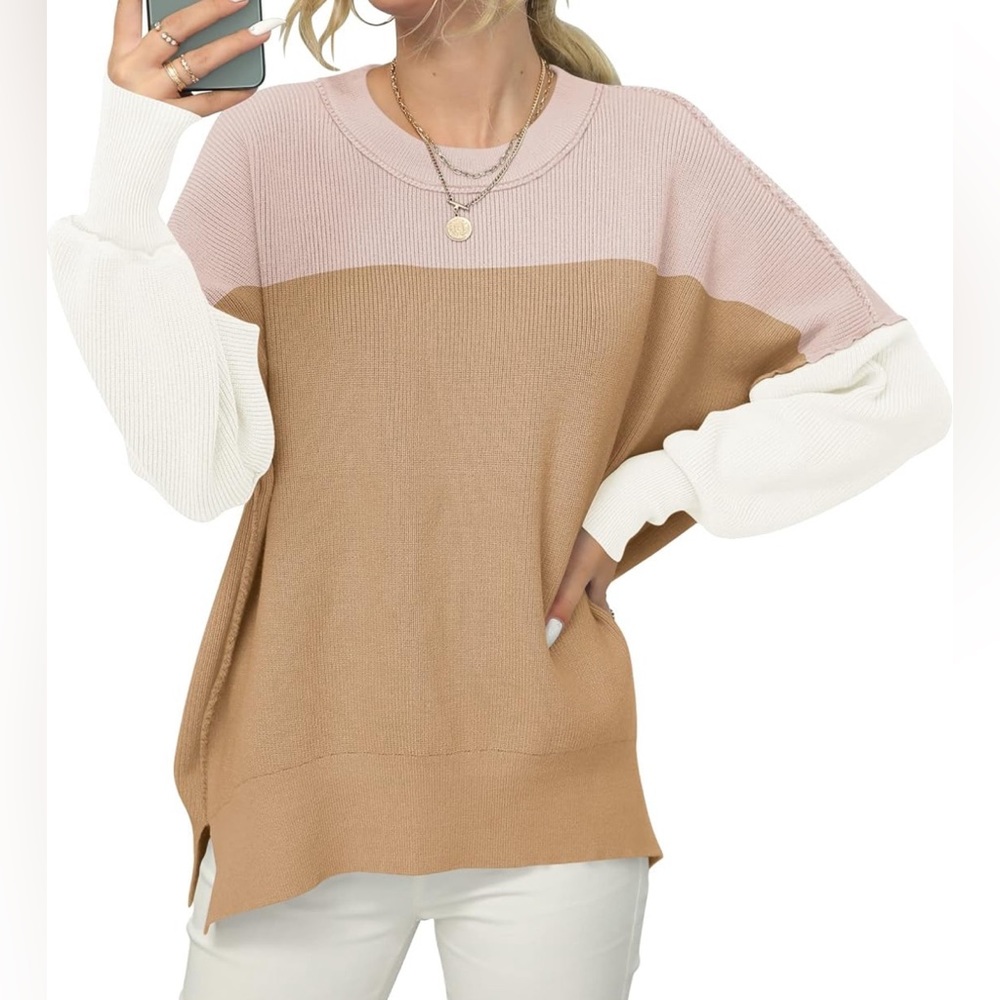 Color-block Batwing Sleeve Fall Oversized Side Slit Ribbed Knit Sweater - MEDIUM